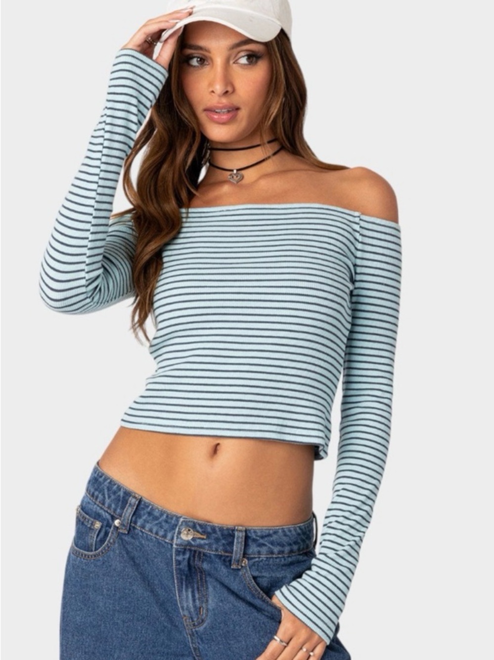 Edikted Off-Shoulder Striped Crop Top - Light Blue/Black